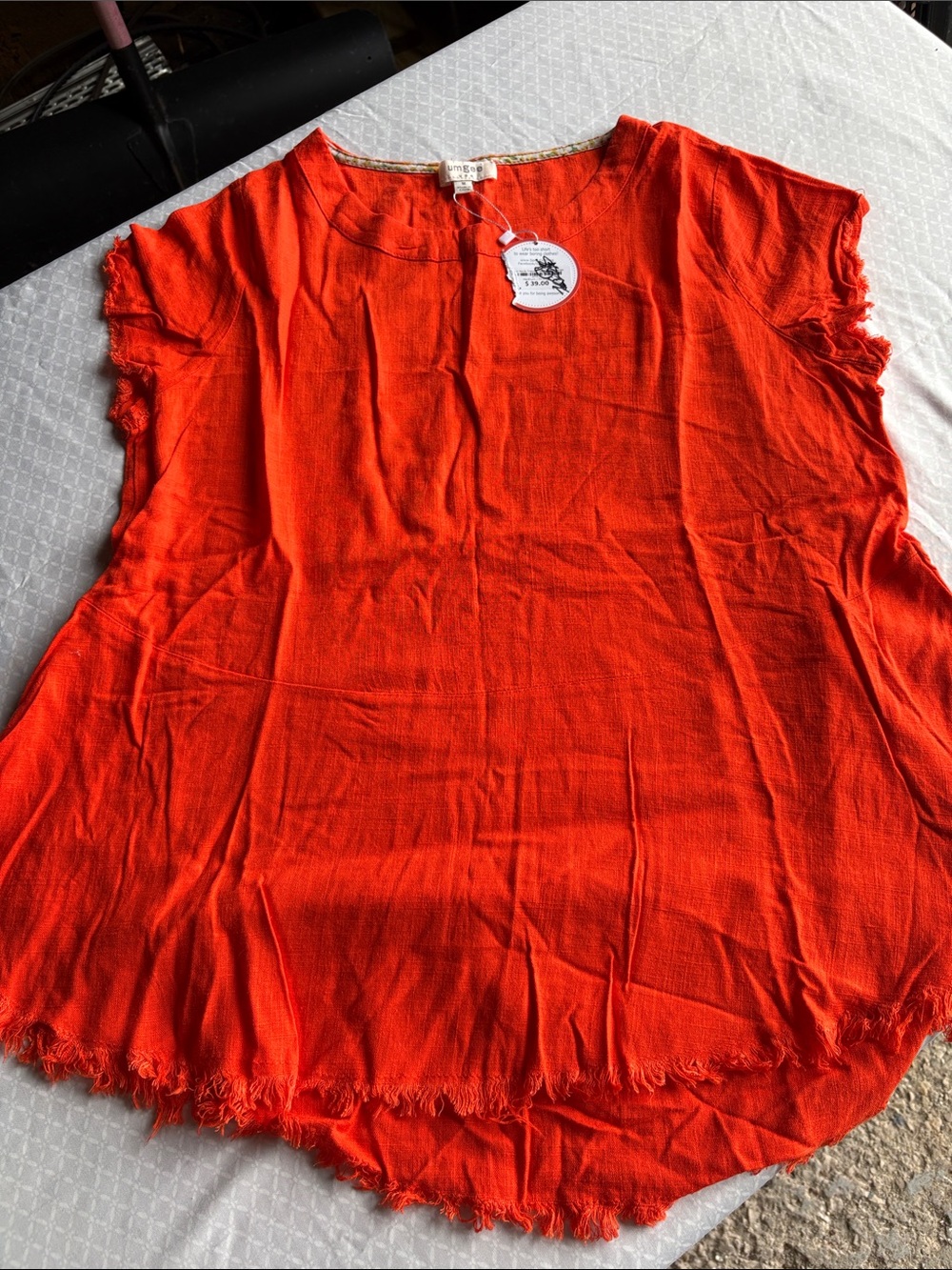 Umgee Vibrant Orange Short Sleeve Tunic with Frayed Hem